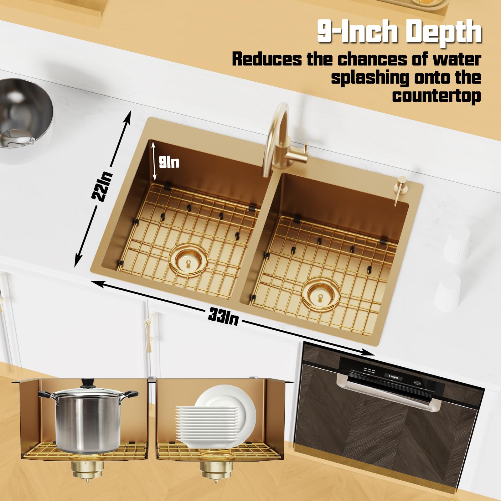 33x22 Inch Gold 50/50 Double Bowl Stainless Steel Drop-In Kitchen Sink with Gold-Tone Accessories - Rack, Grid & Drain Assembly | Modern Luxury Farmhouse & Contemporary Kitchen Upgrade | Perfect for Cooking, Washing & Food Prep