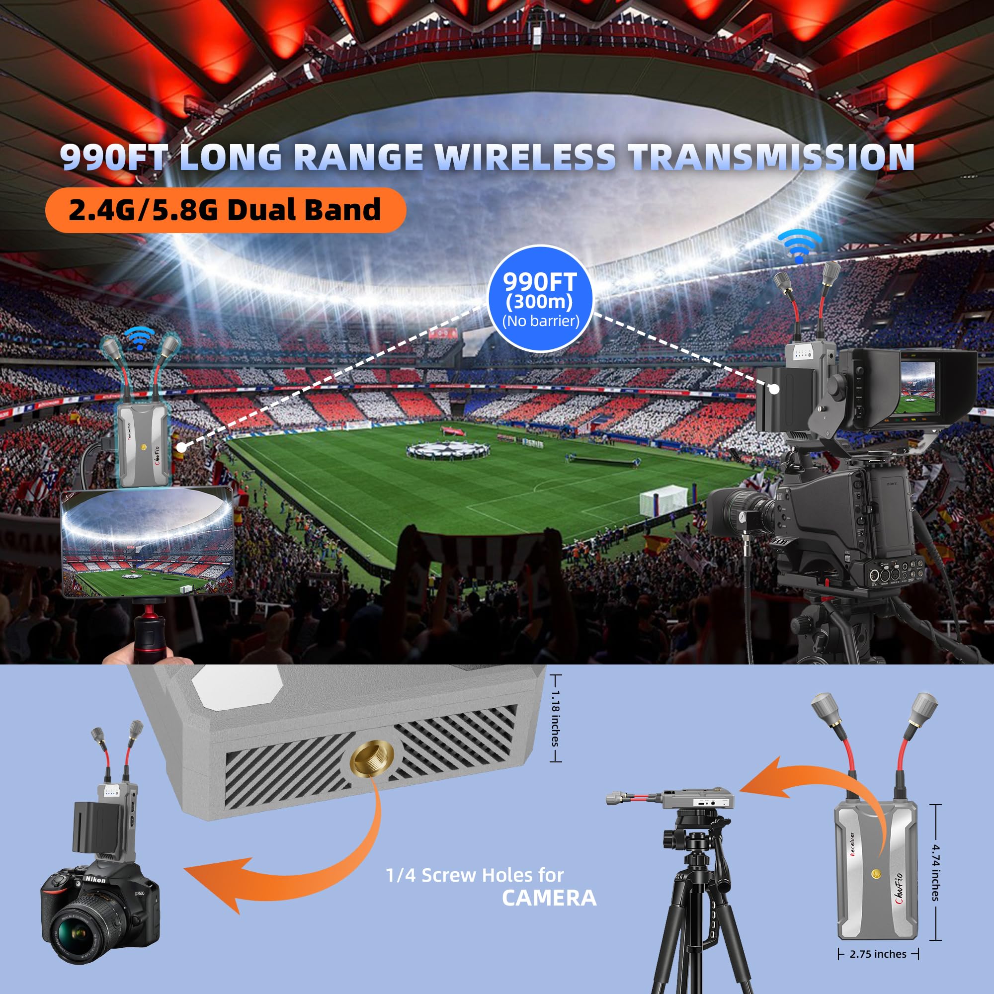 Wireless HDMI Transmitter and Receiver Kit - 300m/990ft Range, 5.8GHz 1080P Full HD Streaming with NP-F Battery Power | Compatible with Laptop, PS4, DSLR, Camera to TV/Projector/Monitor | Perfect for Home Theater, Gaming & Professional Presentations