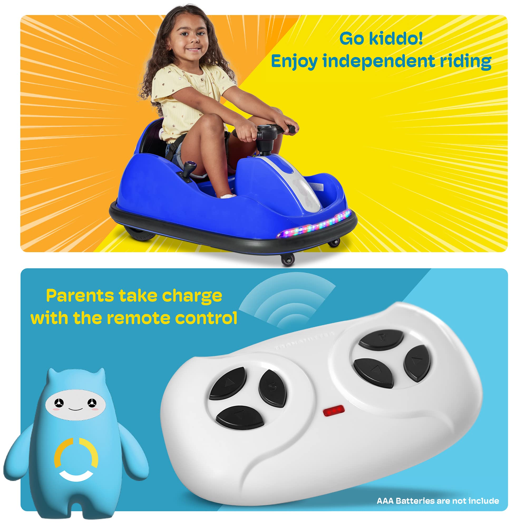 Kidzone 12V Ride On Bumper Car for Kids 1.5-6 Years Old - 2 Driving Modes (Steering Wheel & Joystick), 360° Spin, Remote Control & LED Lights - Perfect for Indoor/Outdoor Play, Birthday Gifts & DIY Sticker Fun