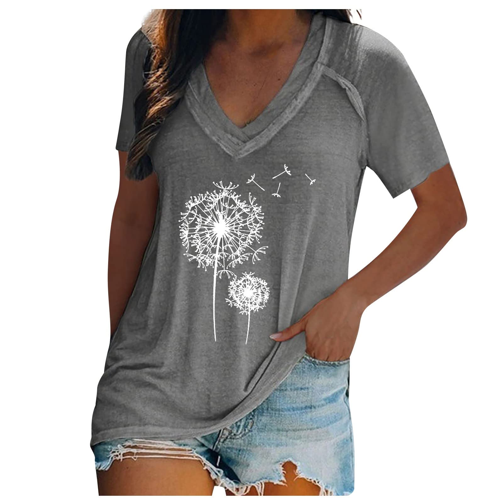Women's Summer Tops - Cute V-Neck Graphic T-Shirts with Dandelion Print, Short Sleeve Loose Fit Blouses | Casual Wear, Beach Outfits & Everyday Fashion