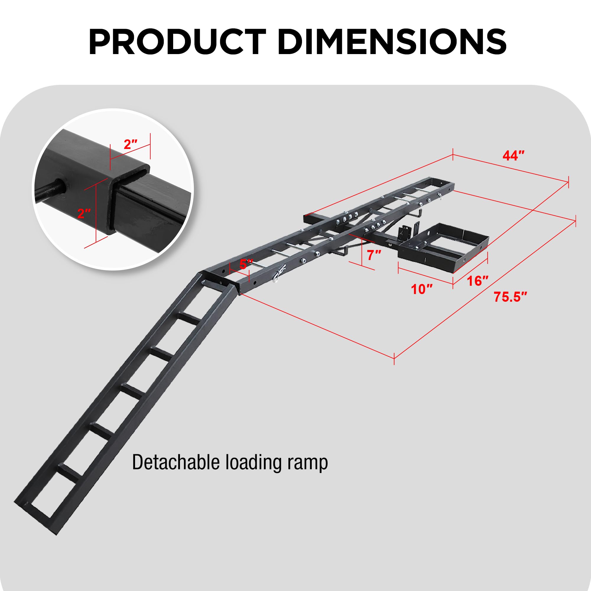 Heavy Duty 500 LBS Motorcycle Hitch Carrier with Loading Ramp & Gas Can Holder - Universal Hitch Mount Rack for Scooter, Dirt Bike, ATV Hauling | Perfect for Road Trips, Camping & Off-Road Adventures
