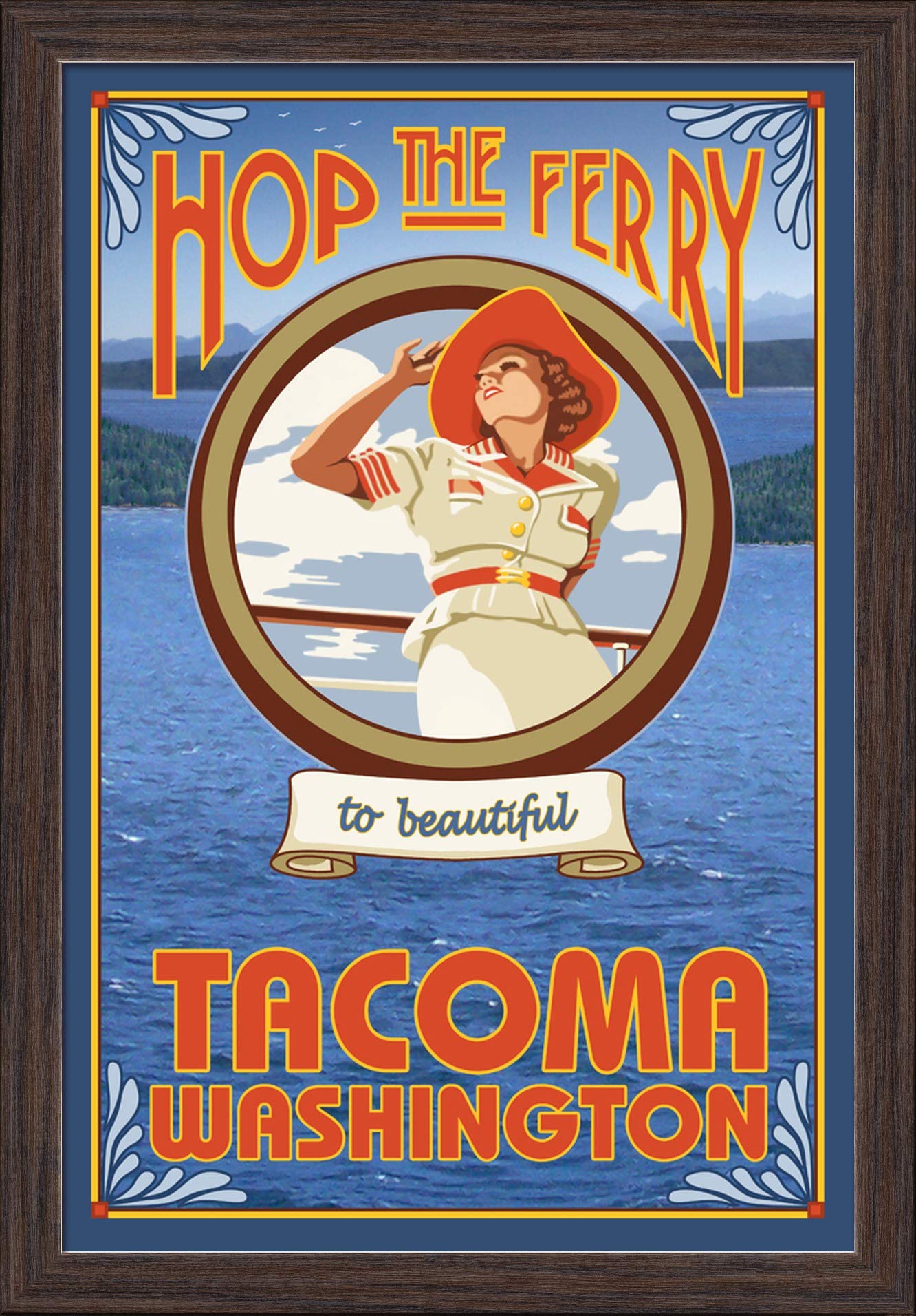 16x24 Giclee Fine Art Print - Tacoma Washington Ferry Scene - Recycled Wood Frame in Espresso Brown - Perfect for Coastal Home Decor & Office Wall Art