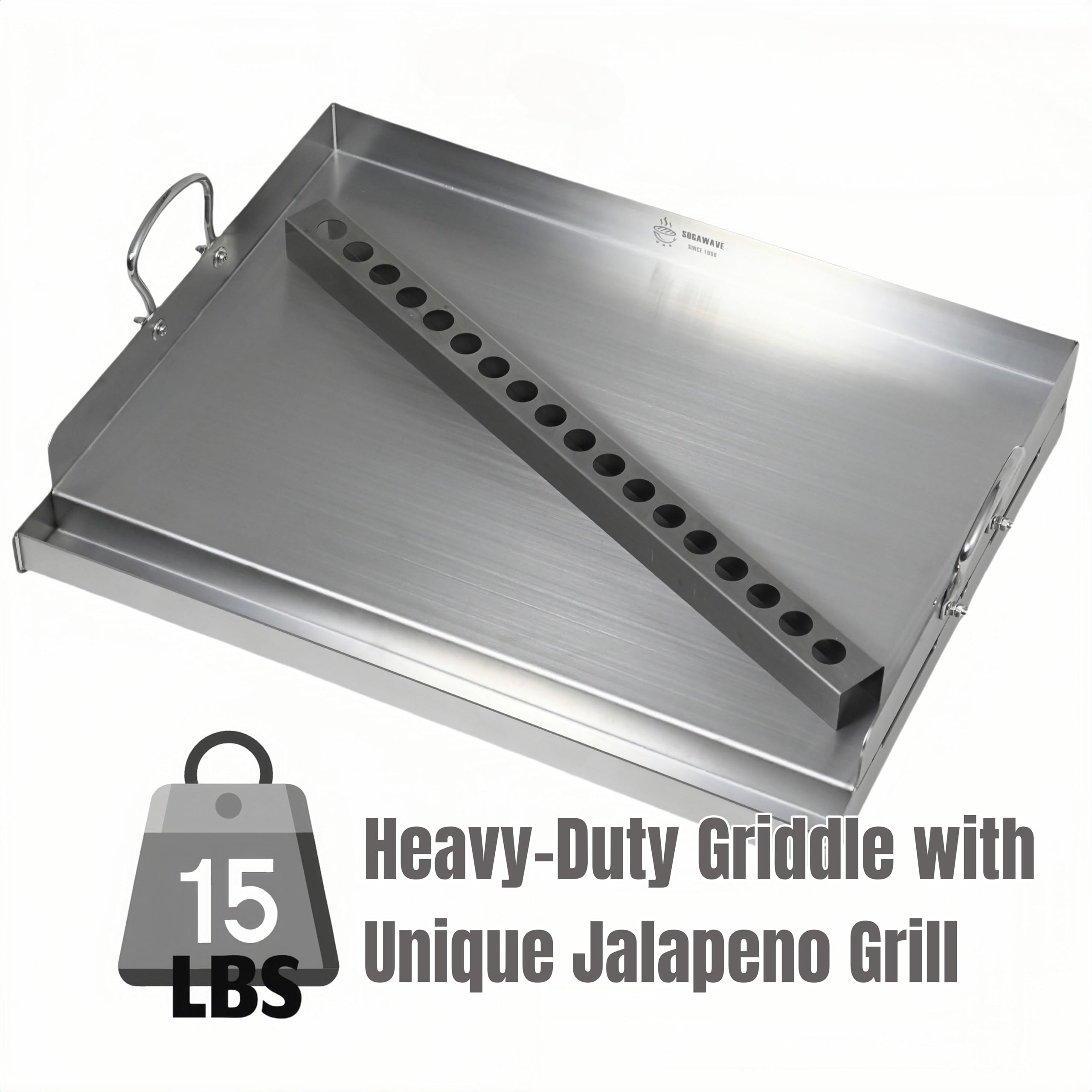 24X16 Inch Stainless Steel Flat Top Grill Plate with Built-in Jalapeño Rack | Pro-Grade Griddle for Gas & Charcoal Grills | Outdoor Cooking, Backyard BBQ & Family Gatherings | Heavy Duty Restaurant Quality Griddle for Burgers, Steaks & Vegetables