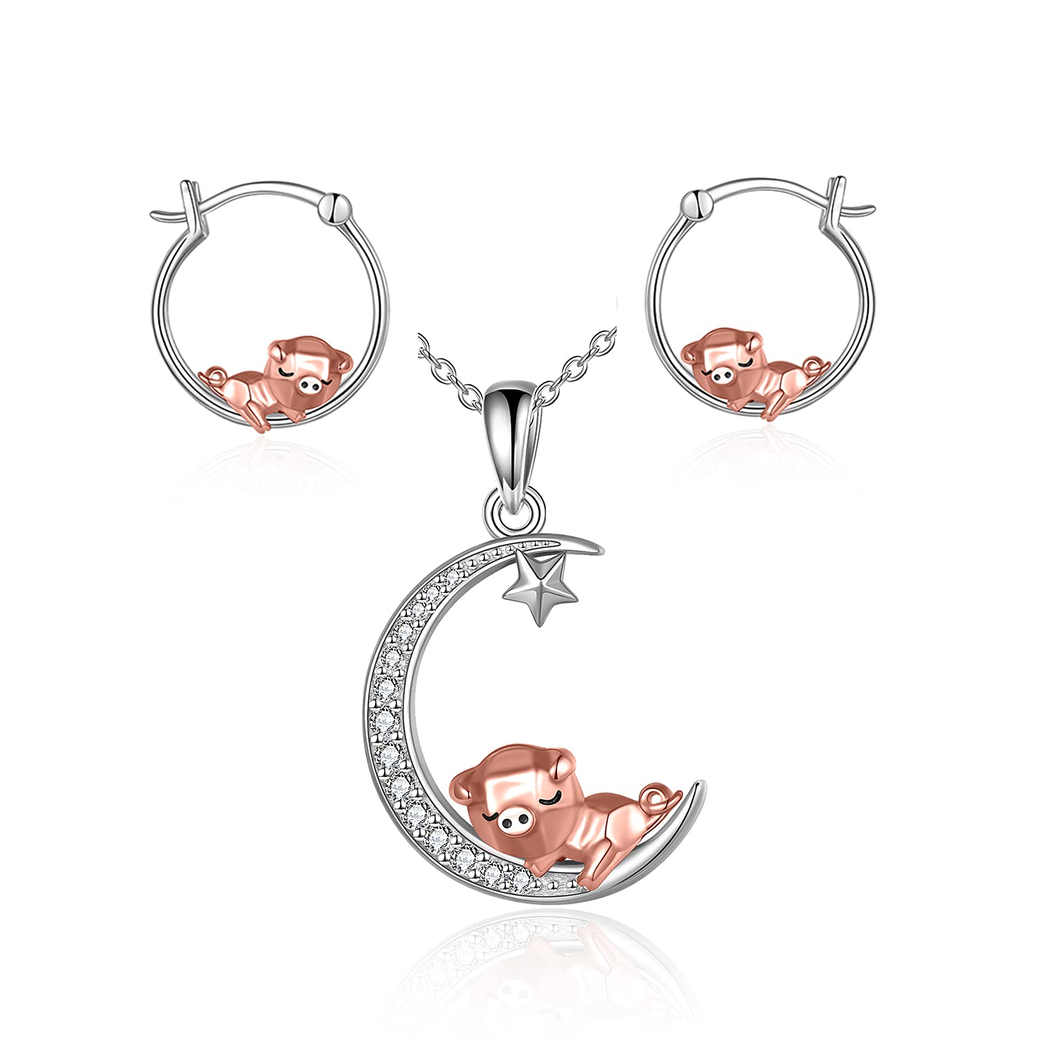 925 Sterling Silver Origami Pig Necklace & Earrings Set for Women | ONEFINITY Cute Animal Jewelry | Gift for Her, Birthday, Anniversary, Valentine's Day