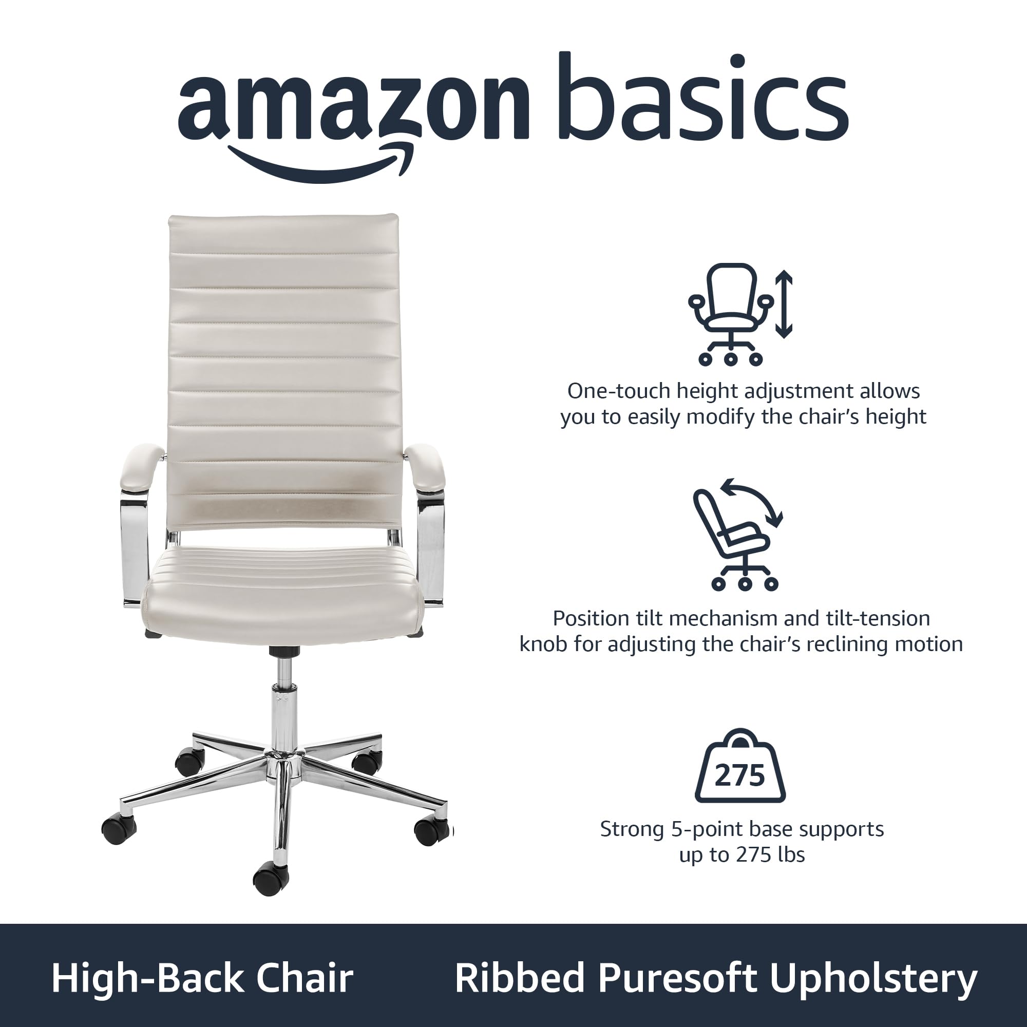 Amazon Basics High-Back Ergonomic Office Chair - Adjustable Swivel Desk Chair with Lumbar Support, Faux Leather Upholstery, Modern White Home Office Furniture (45.25