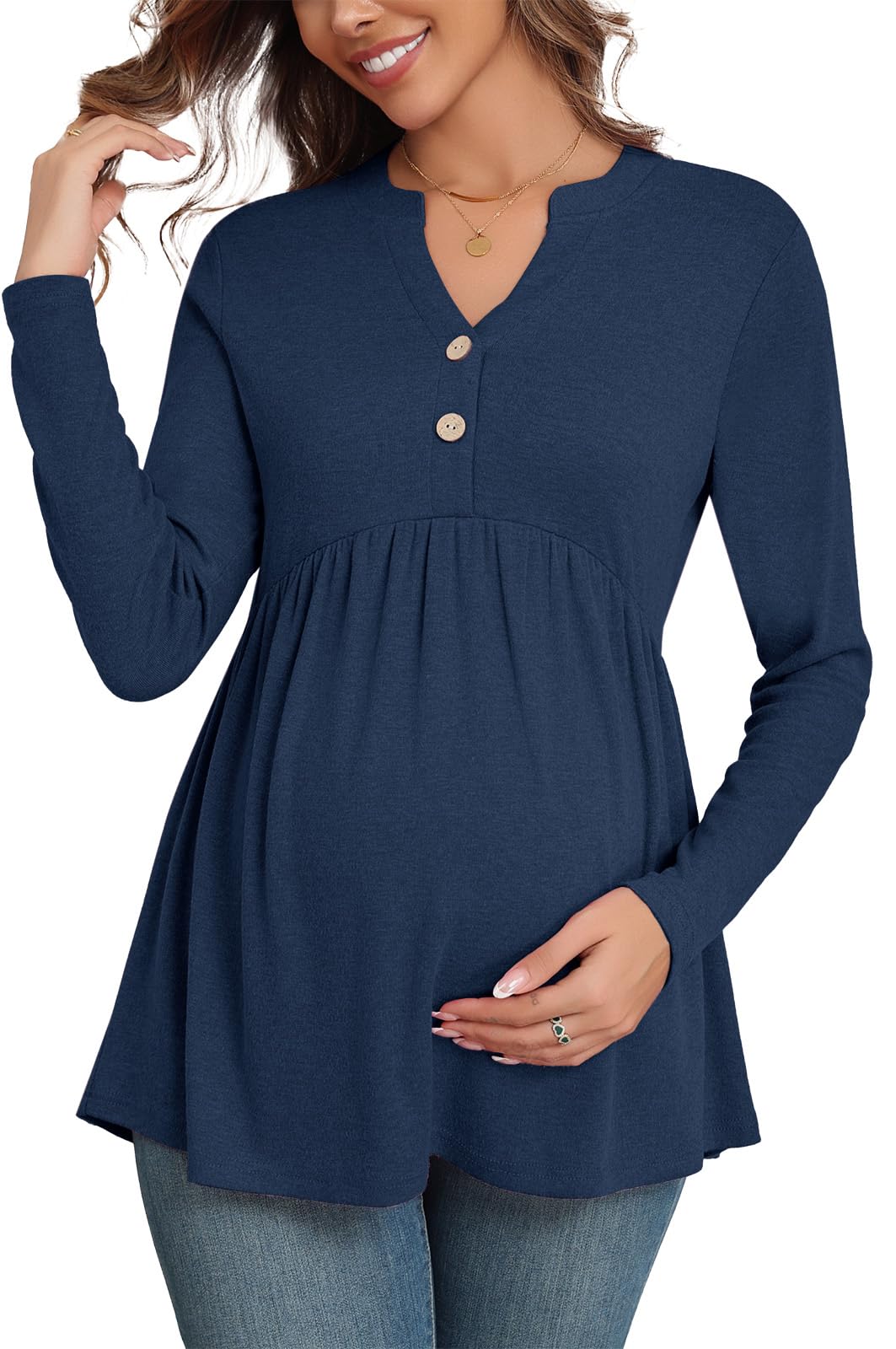 Xpenyo Women's Maternity Tops - Long Sleeve V-Neck Pregnancy Blouses & Tunics for Fall 2024 - Comfortable Button-Up Dressy Shirts for Work, Casual Wear & Baby Showers