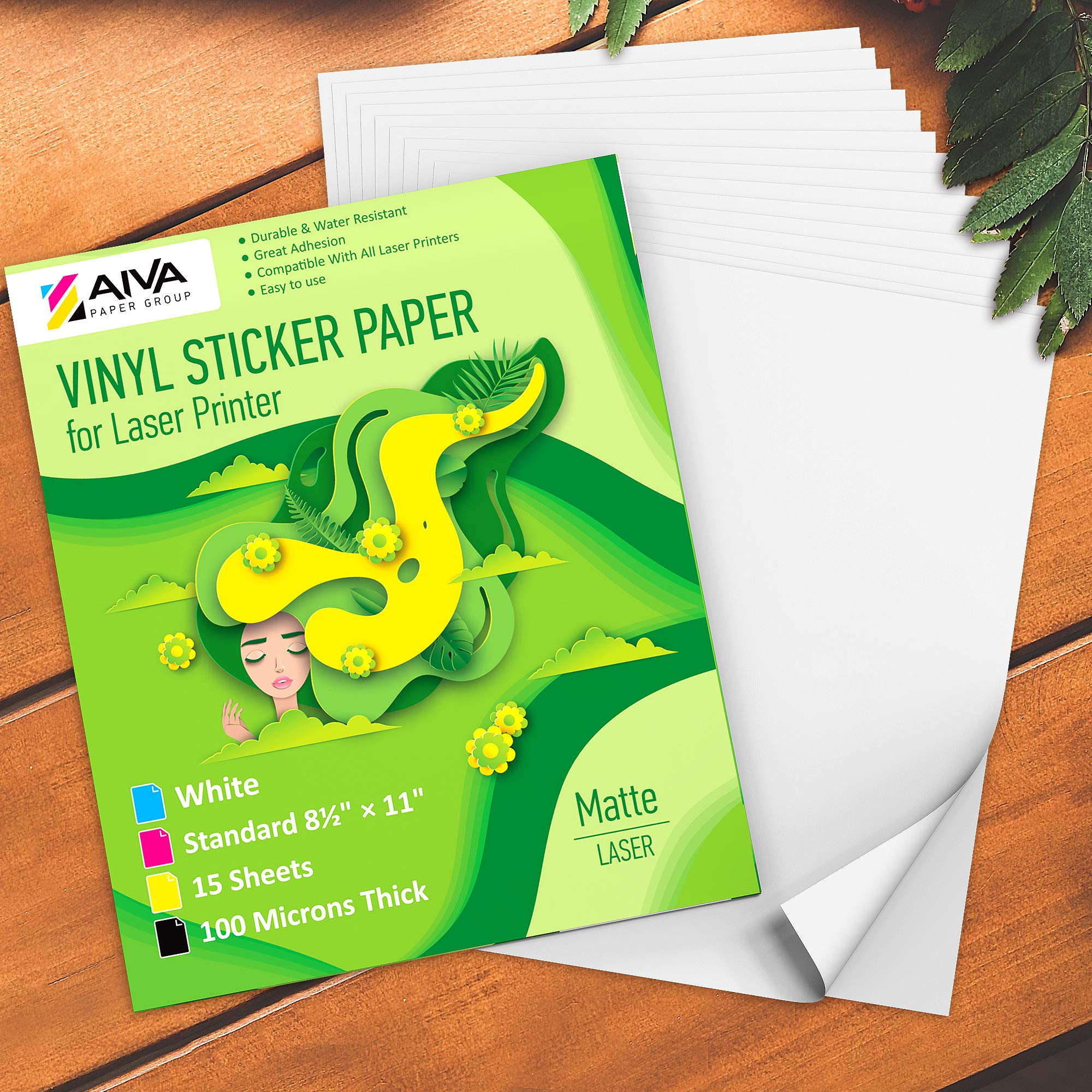 Waterproof Printable Vinyl Sticker Paper for Laser Printer - Matte White Self-Adhesive Decal Sheets (15 Pack, 8.5