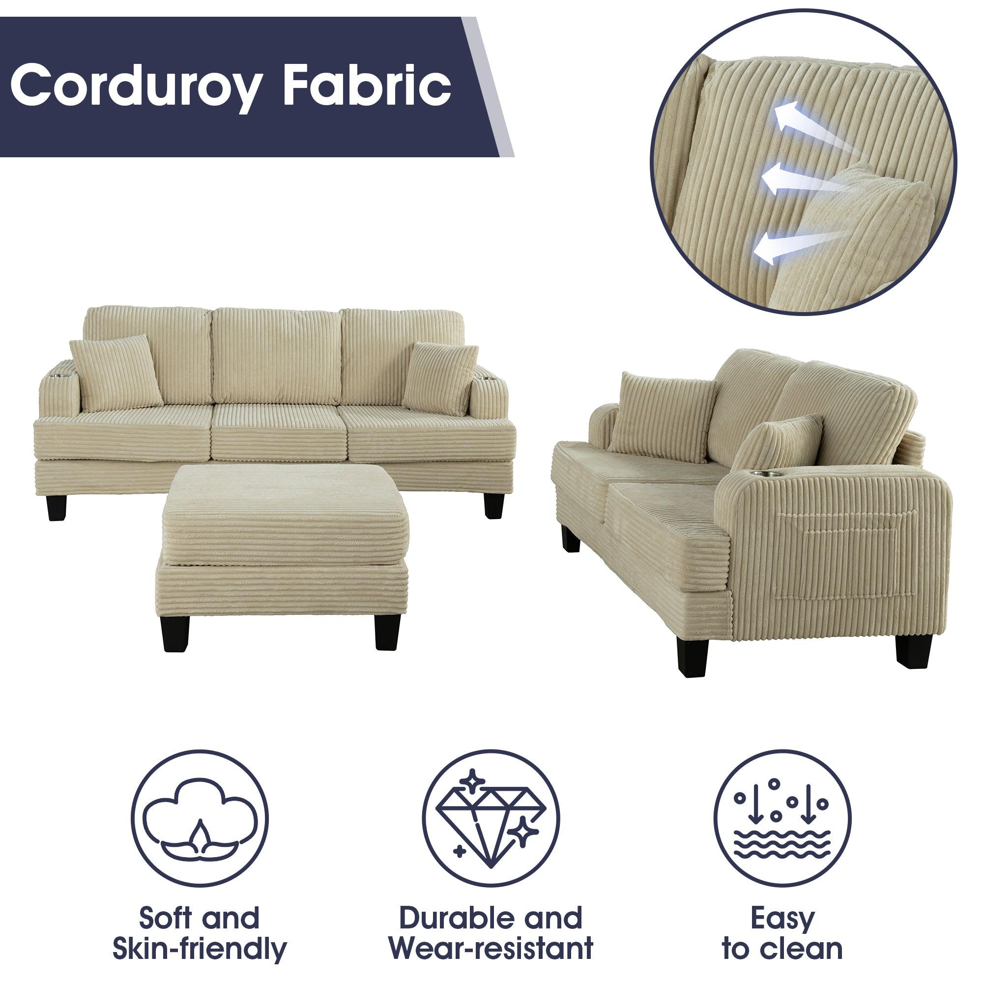 Beige 3-Piece Sectional Sofa Set with Storage Ottoman - 3-Seater Couch & Loveseat for Living Room, Includes USB Charging Ports, Side Pockets & Throw Pillows - Perfect for Family Gatherings, Movie Nights and Small Space Apartments