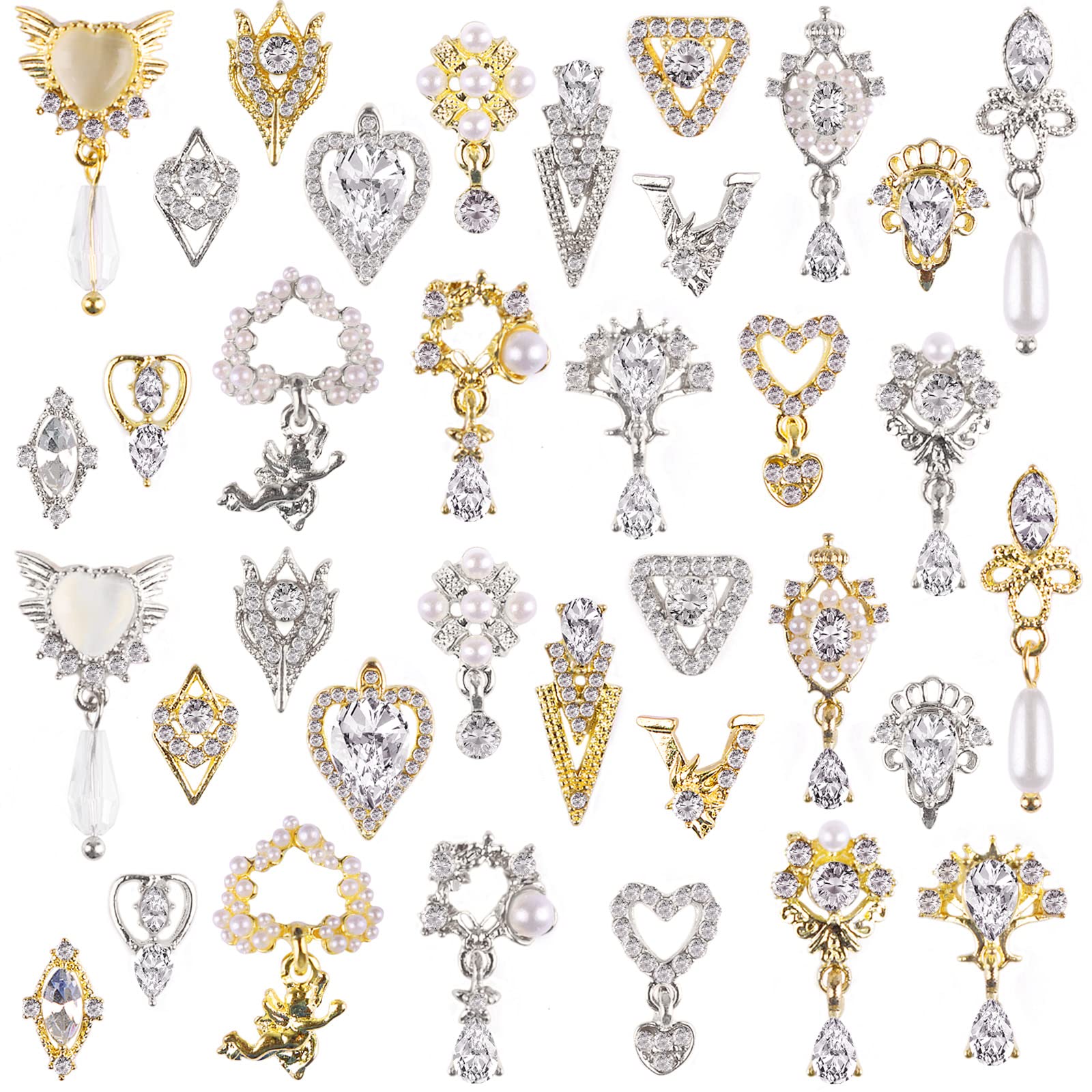 36 Pcs Luxury 3D Dangle Nail Charms - Gold Silver Heart Pearl Rhinestones for DIY Nail Art, Crystal Gems & Nail Diamonds for Women & Girls | Perfect for Nail Design, Craft Jewelry Making, Bridal Manicures & Party Nail Decorations