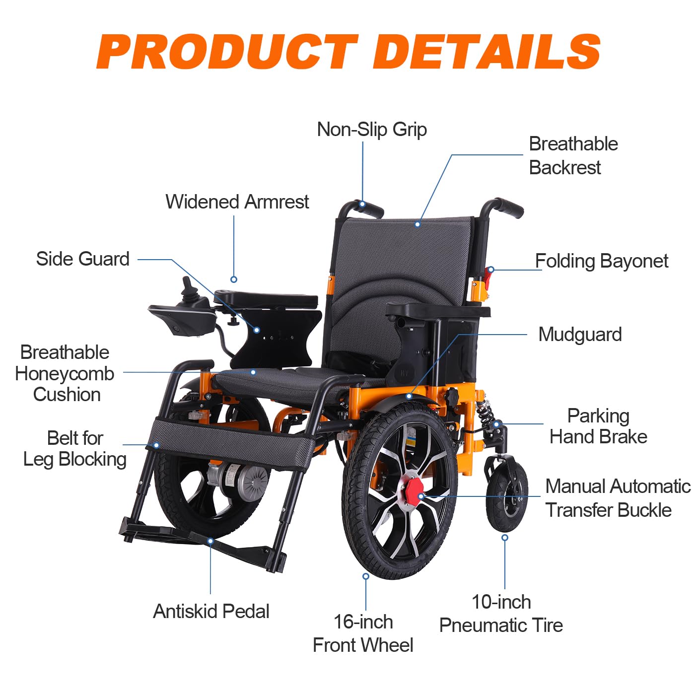 Foldable Electric Wheelchair for Adults 330lb Capacity - 16