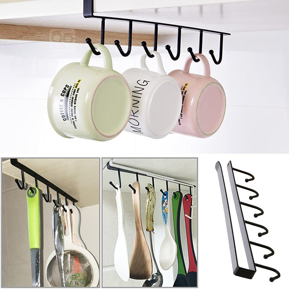 Seven Moon Multipurpose Nail-Free Metal Hooks - Heavy Duty Kitchen Cabinet Organizer for Cups, Cookware & Towels (2-Pack, Black) - Perfect for Pantry, Bathroom & Garage Storage