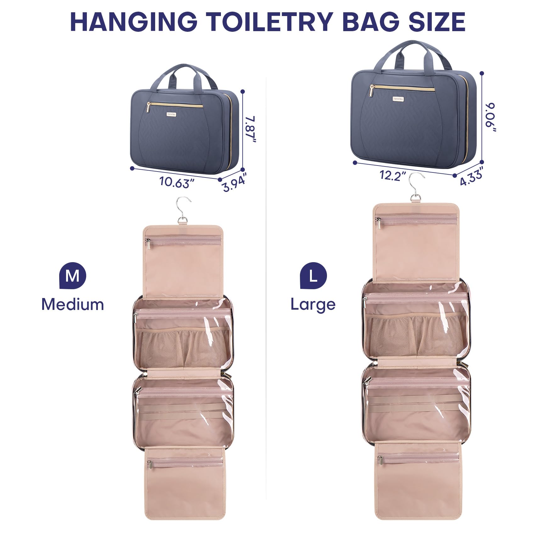 Waterproof Hanging Travel Toiletry Bag for Women & Men - Large Capacity Cosmetic Organizer with Hooks for Toiletries, Makeup Brushes, Shampoo - Perfect for Vacation, Gym, Camping (Medium Grey Blue)