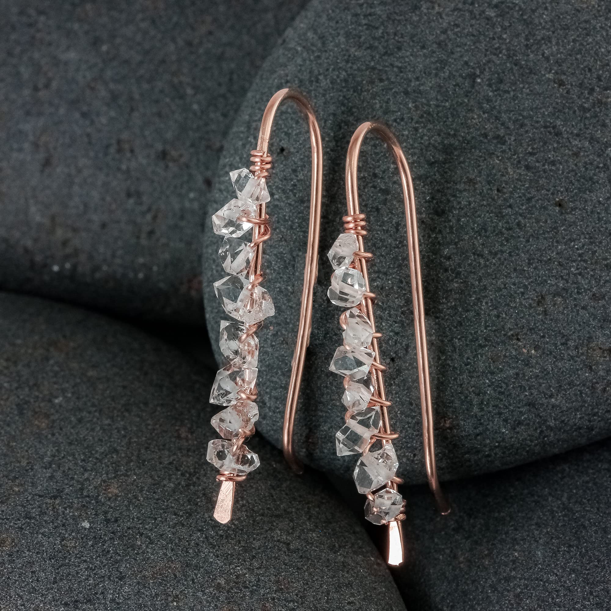 14K Rose Gold Filled Herkimer Diamond Ear Climbers - Handmade Dainty Earrings for Women | Lotus Stone Jewelry | Perfect for Date Night, Parties & Special Occasions
