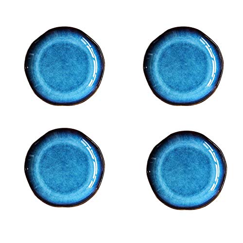 Vintage Blue Ceramic Dinner Plates - Set of 4 Irregular Shaped Deep Plates for Soup, Pasta & Salad | Rustic Tableware for Home Dining & Entertaining