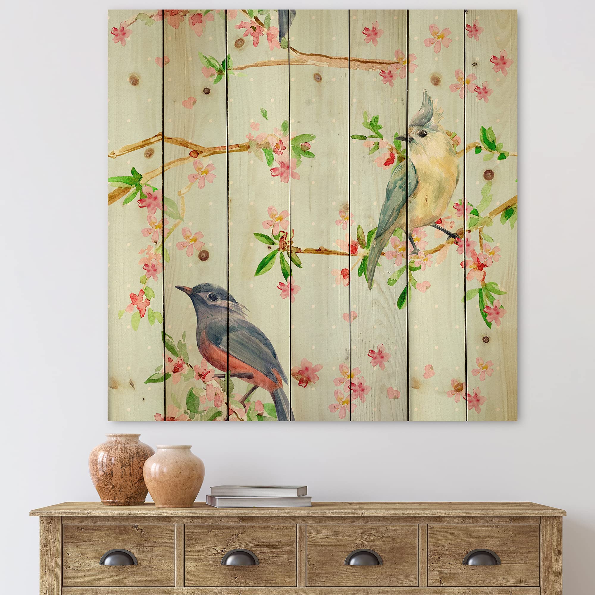 Blue Traditional Wood Wall Decor - Floral & Bird Pattern, Large Animal Wood Wall Panels, Natural Pine Wood Art for Living Room, Bedroom & Office Decor