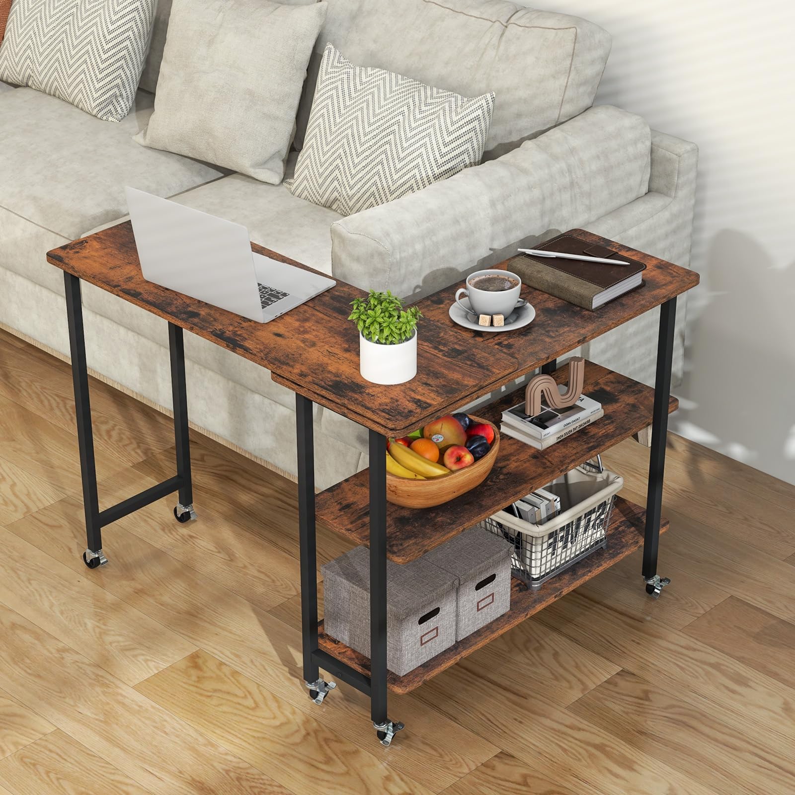 Tangkula 360° Rotating Side Table with 2-Tier Storage - Mobile End Table with Lockable Casters & Metal Frame - Swivel Rolling Desk for Living Room, Bedroom & Office - Perfect as Laptop Table, Couch Table or Snack Stand