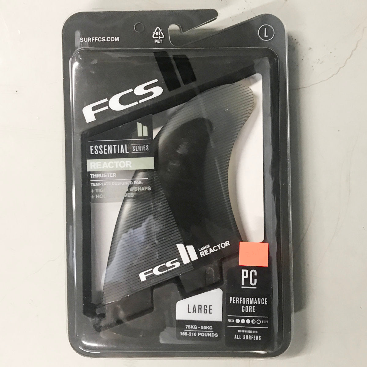 FCS II THRUSTER Reactor PC Large Charcoal/Black Tri Surfboard Fins - High Performance for Shortboards & Performance Surfing