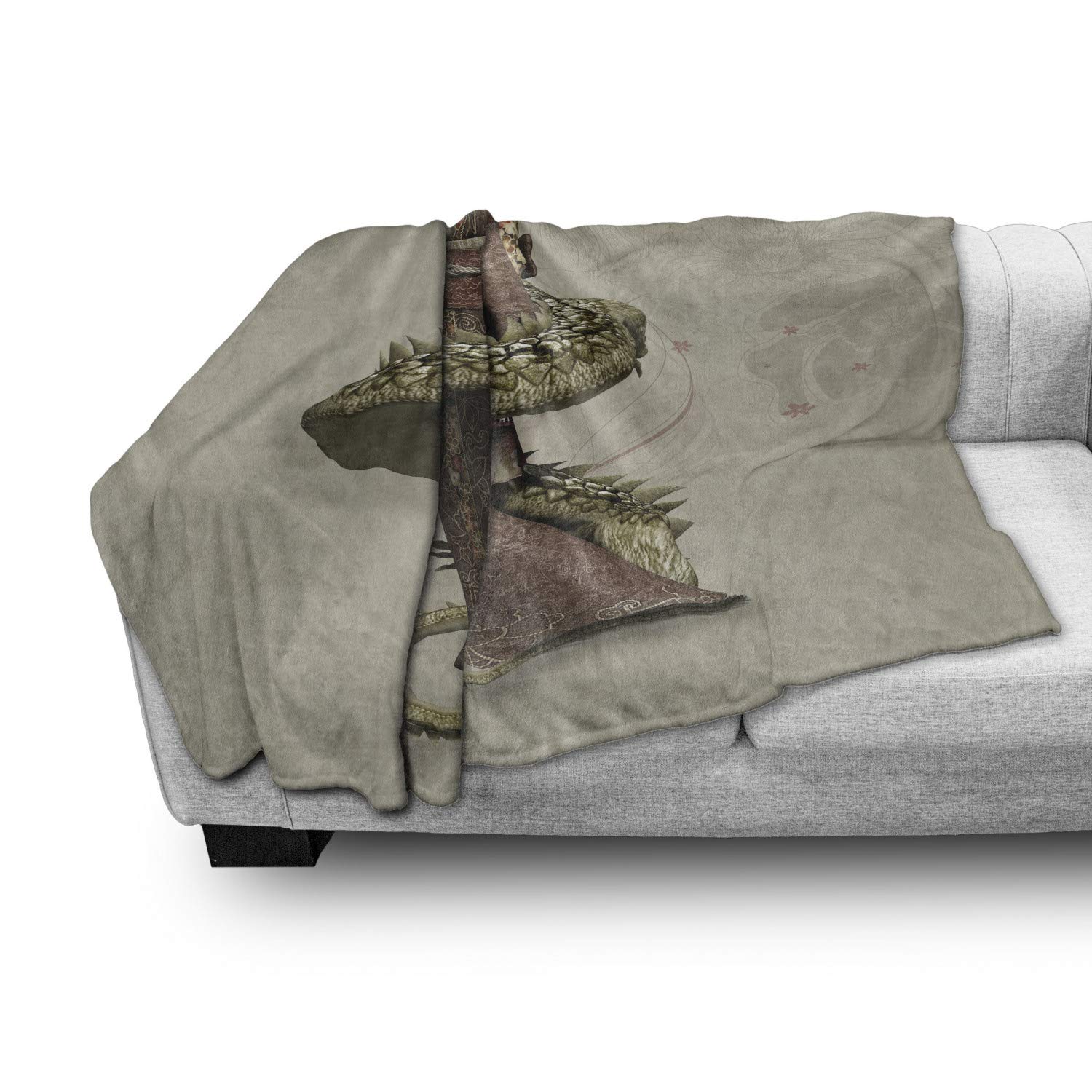 Ambesonne Fantasy Throw Blanket - Western Geisha with Dragon Design | Soft Flannel Fleece Blanket for Couch, Bed & Decor | 50x60 Inch Olive Green | Perfect for Home Decor, Gift Giving & Cozy Nights
