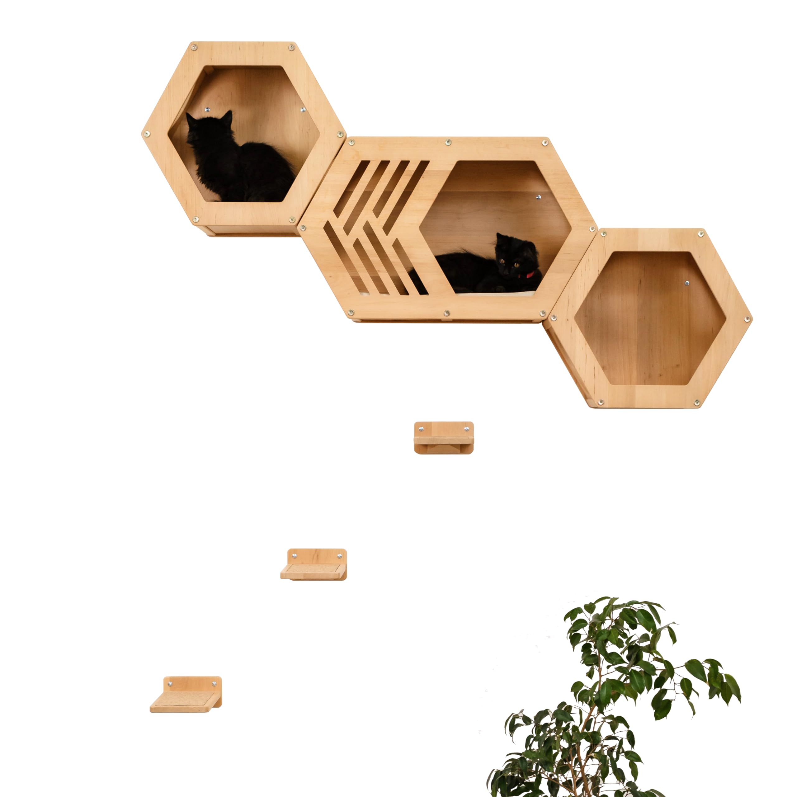 Hexagon Cat Wall Shelf - Modern Cat Furniture with Large Cat Bed & Play Tower - Perfect for Indoor Cat Climbing, Lounging & Playtime