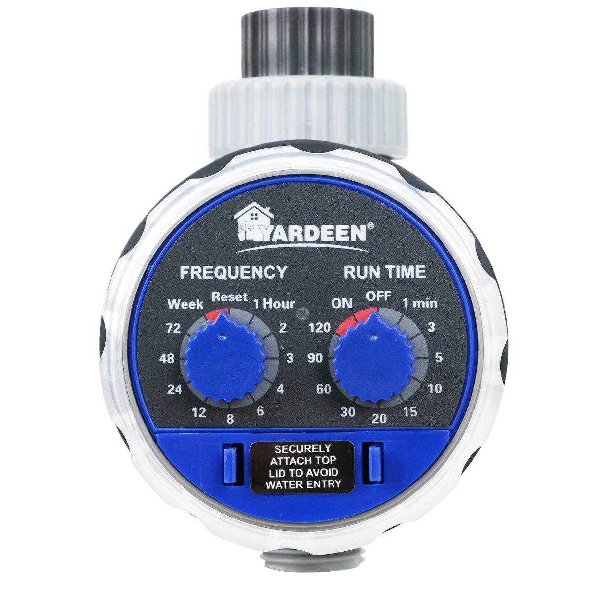 Water Timer Electronic Hose Sprinkler - No Water Pressure Required, Two Dial Garden Irrigation Controller for Lawns, Flower Beds & Vegetable Gardens