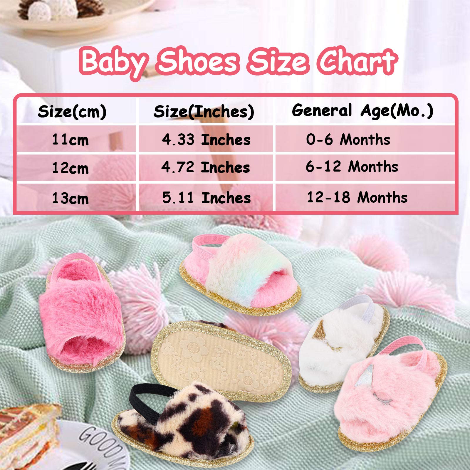 2 Pack Baby Girls Sandals - Soft Elastic Back Strap Flats with Faux Fur - First Walker Slippers for Toddlers - Perfect for Indoor Play, Princess Dress-Up & Comfortable House Shoes