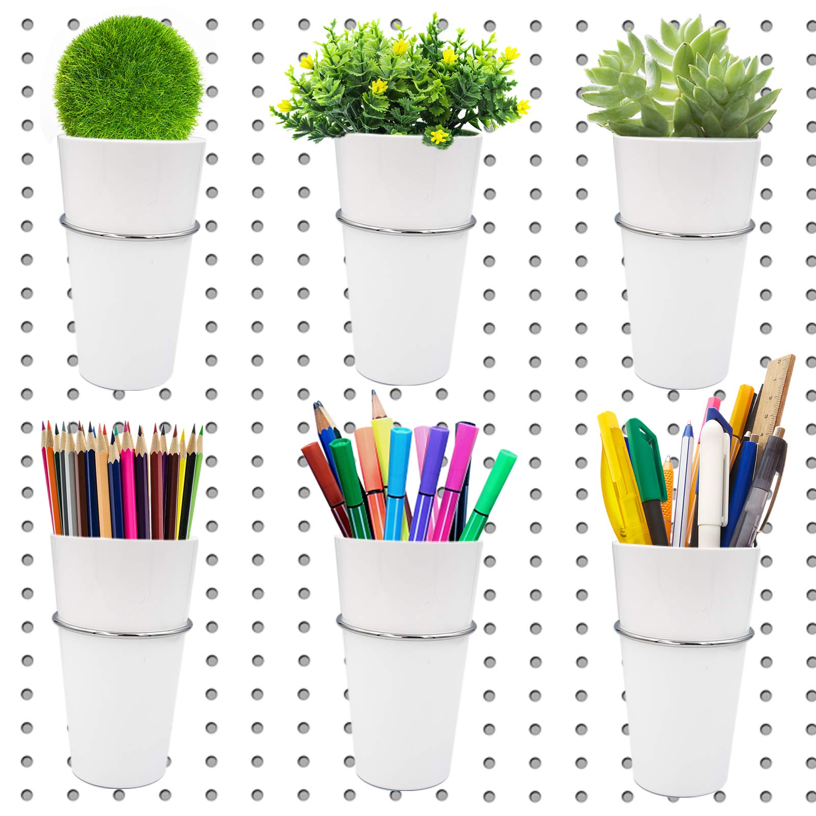 FOVERN1 6-Pack Pegboard Bins with Rings - Pegboard Accessories & Cup Holders for Craft Storage - White Pegboard Hooks & Cups for Organizing Art Supplies - Perfect for Craft Rooms, Garages & Workshops