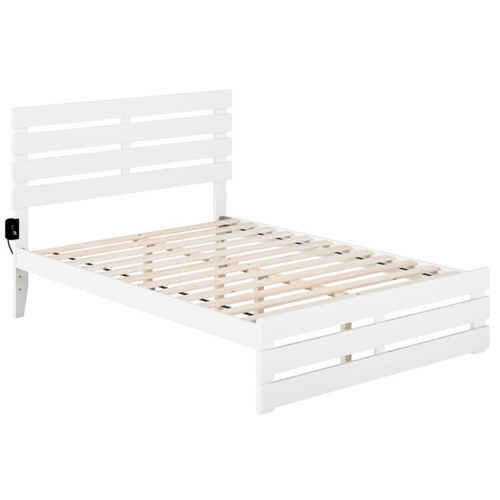 BOWERY HILL Farmhouse Solid Wood Full Size Bed Frame with Footboard & USB Charging Ports - White - Perfect for Modern Farmhouse Bedrooms & Guest Rooms