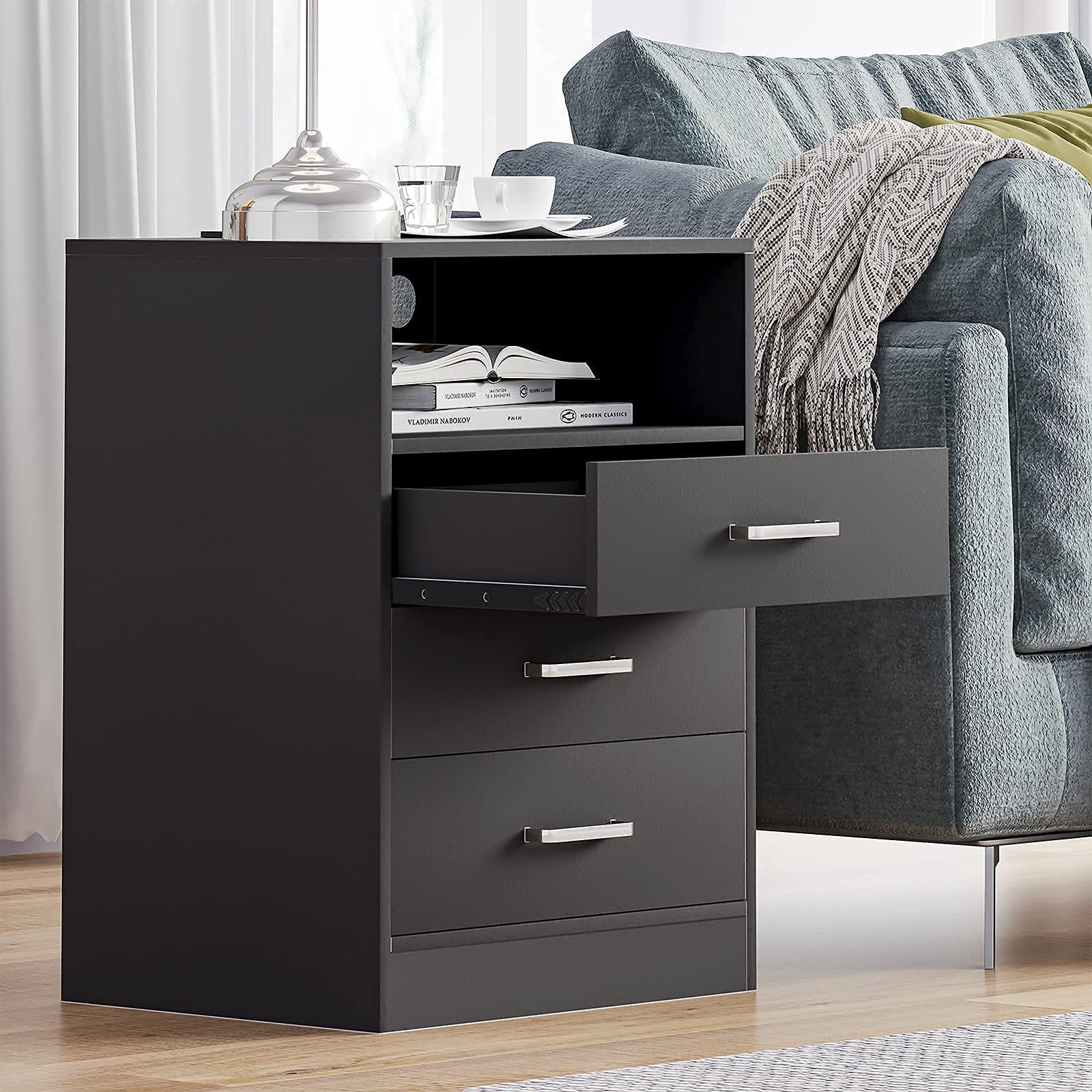 Adorneve Modern Black Nightstand with USB Charging Port, 3 Drawers & Storage Shelf - Bedside End Table for Bedroom, Living Room, Dorm - Perfect for Small Spaces & Organizing Essentials