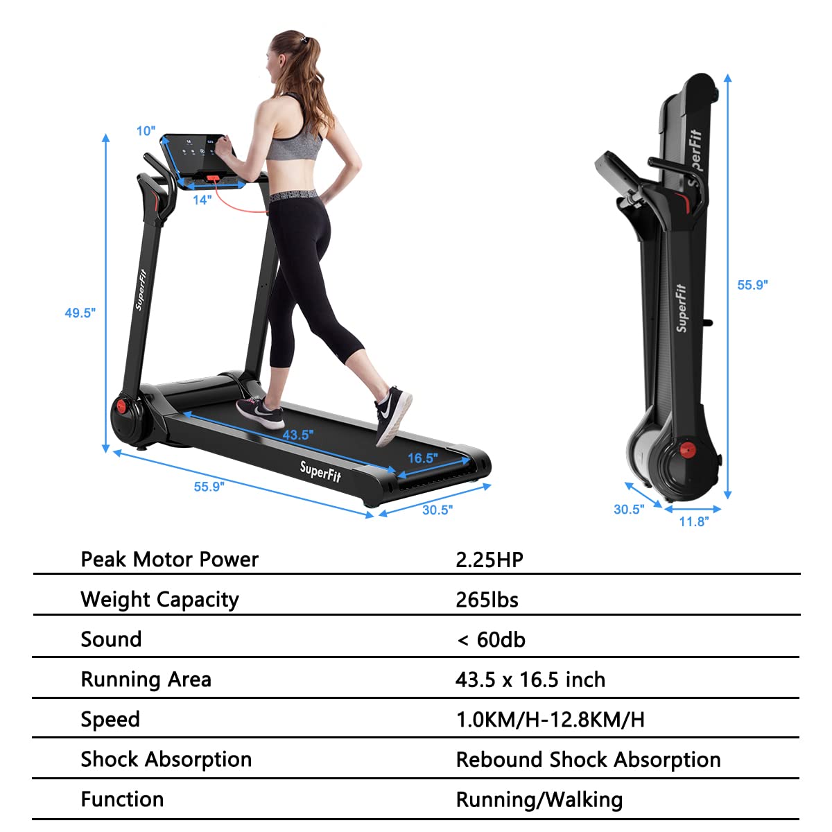 GYMAX Folding Treadmill - 2.25HP Electric Motorized Running & Walking Machine with LED Touch Screen | Portable Cardio Workout Equipment for Home Gym & Office | Perfect for Small Spaces & Daily Exercise