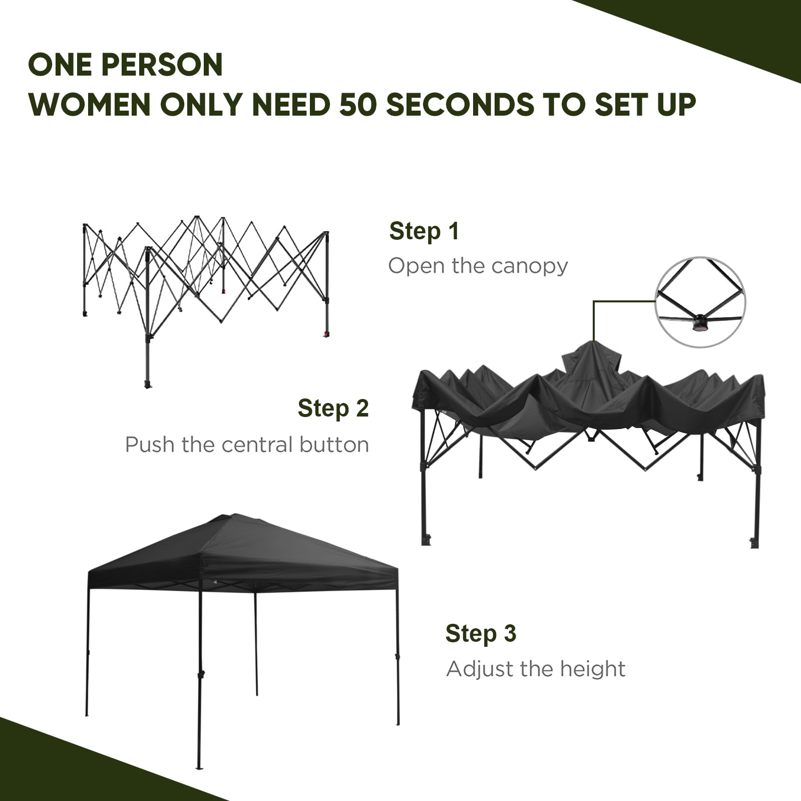 10x10 Pop Up Canopy Tent - Upgraded One-Push Straight Leg Design for Outdoor Camping, Picnics, and Beach Events | Includes Wheeled Carry Case, 8 Spikes & 4 Ropes | Waterproof & UV Protection (Black, 10ft x 10ft) - Perfect for Backyard BBQs, Farmers Markets, and Tailgating Parties
