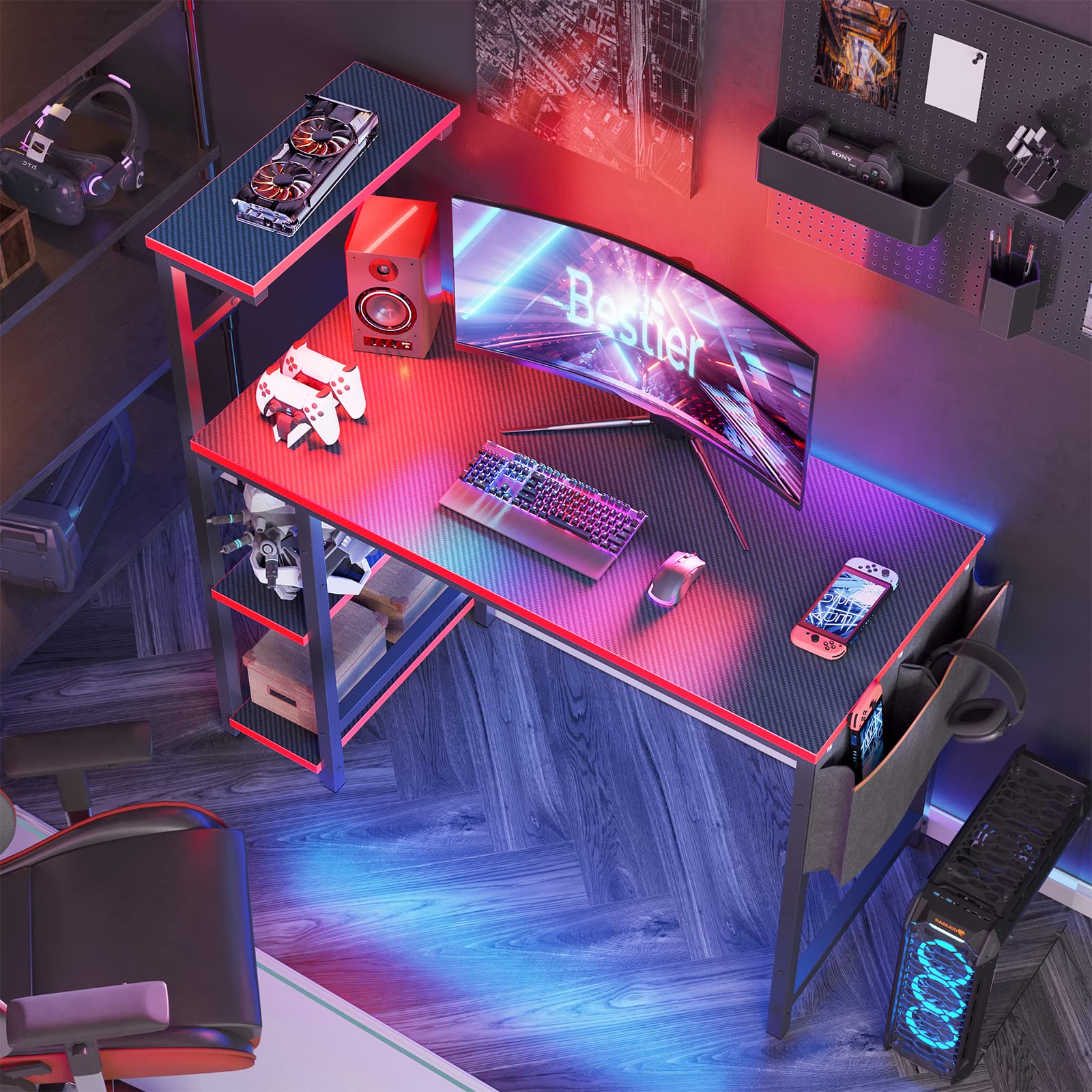 Bestier 44 Inch Gaming Desk with LED Lights - Compact PC Gamer Desk for Small Spaces, Computer Desk with Reversible Storage Shelves & Side Storage Bag (Black 3D Carbon Fiber) - Perfect for Esports, Streaming & Home Office Setup