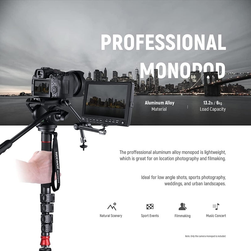 Neewer GM76 Professional Camera Monopod with Fluid Head - Lightweight Aluminum Tripod for DSLR Video Shooting, Vlogging, Travel Photography & Outdoor Adventures