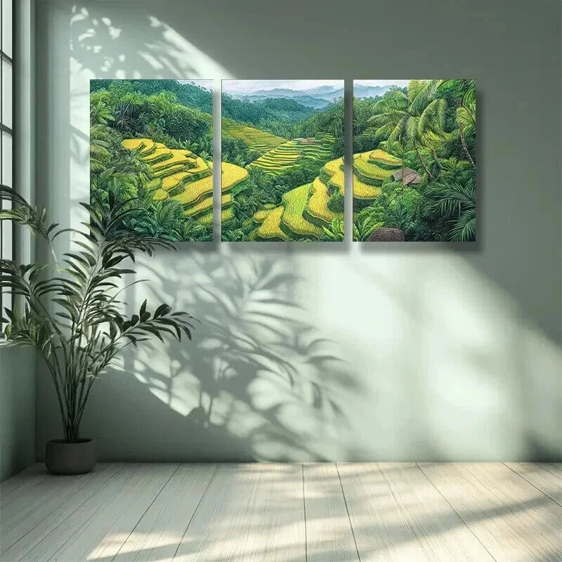 3-Piece Rice Terraces Art Painting Set - Framed Canvas Wall Art 50x70cm - High Quality Print | 100% Australian Made | Ready to Hang | Perfect for Living Room, Bedroom & Office Decor