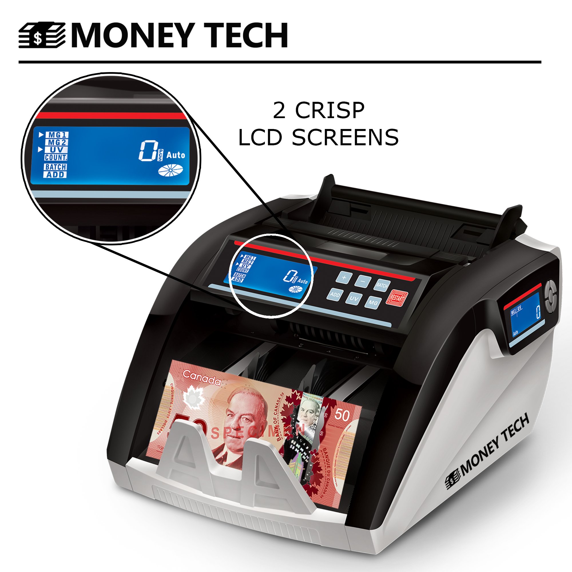 Money Tech Polymer & Paper Multi-Currency Bill Counter - Canadian Plastic & USD Banknote Counting Machine with Counterfeit Detection & LCD Display | Perfect for Banks, Retail Stores & Cash-Intensive Businesses