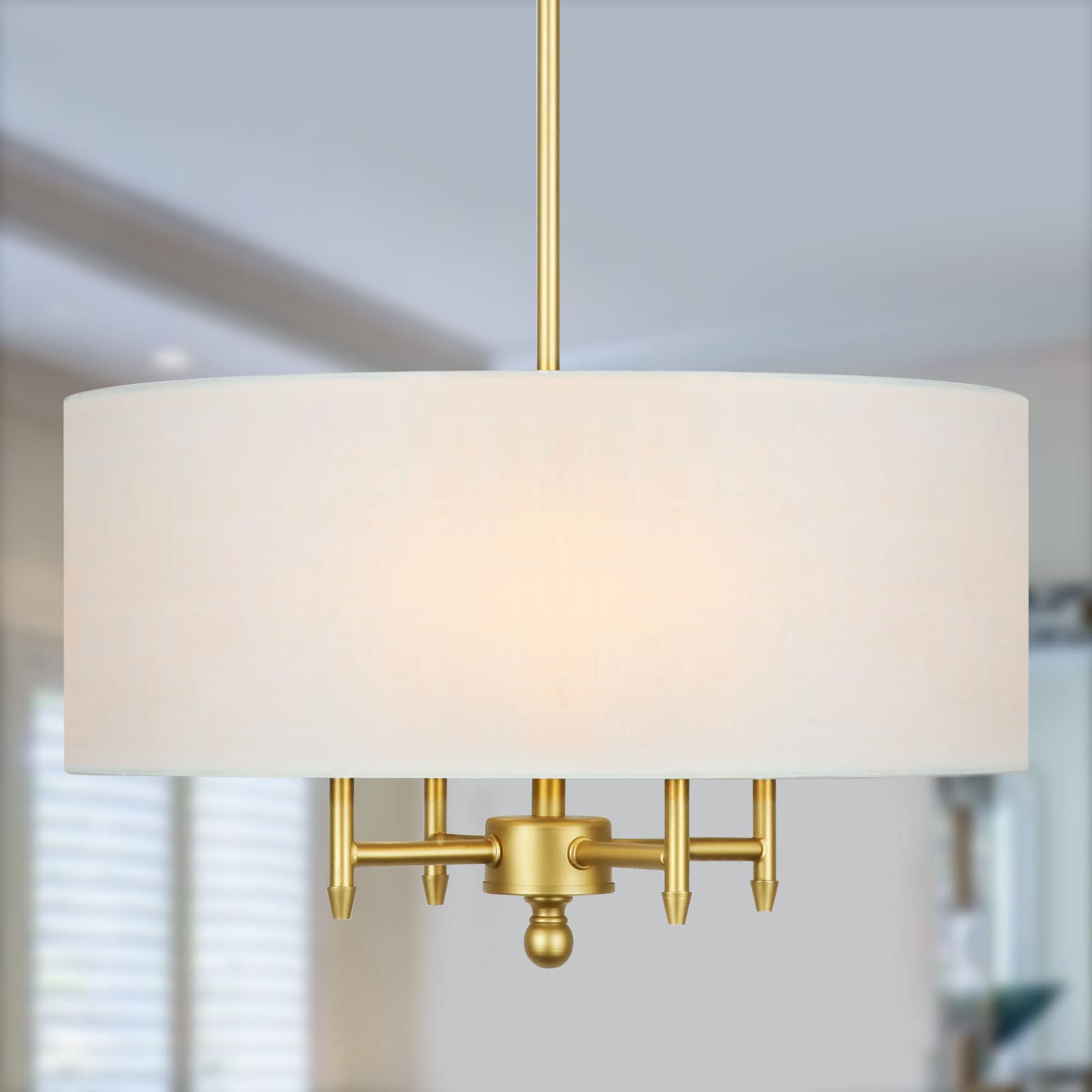4-Light Modern Gold Chandelier with White Linen Drum Shade - 17.7