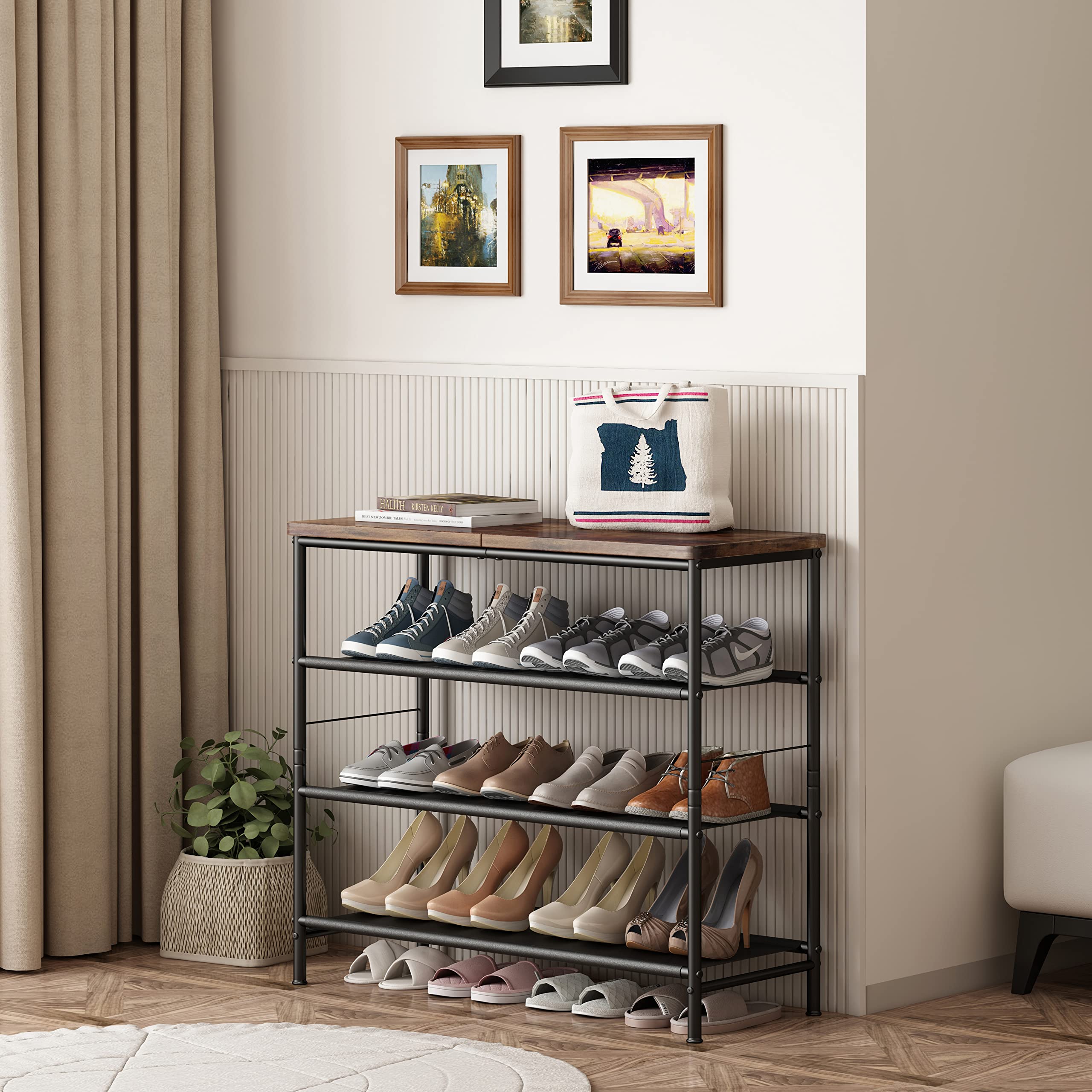 4-Tier Metal Shoe Rack Organizer with Industrial MDF Board & Fabric Layers - Space Saving Entryway Closet Storage Shelf for Bedroom, Living Room, Garage (Black & Rustic Brown) - Perfect for Organizing Shoes, Boots, and Home Decor in Small Spaces