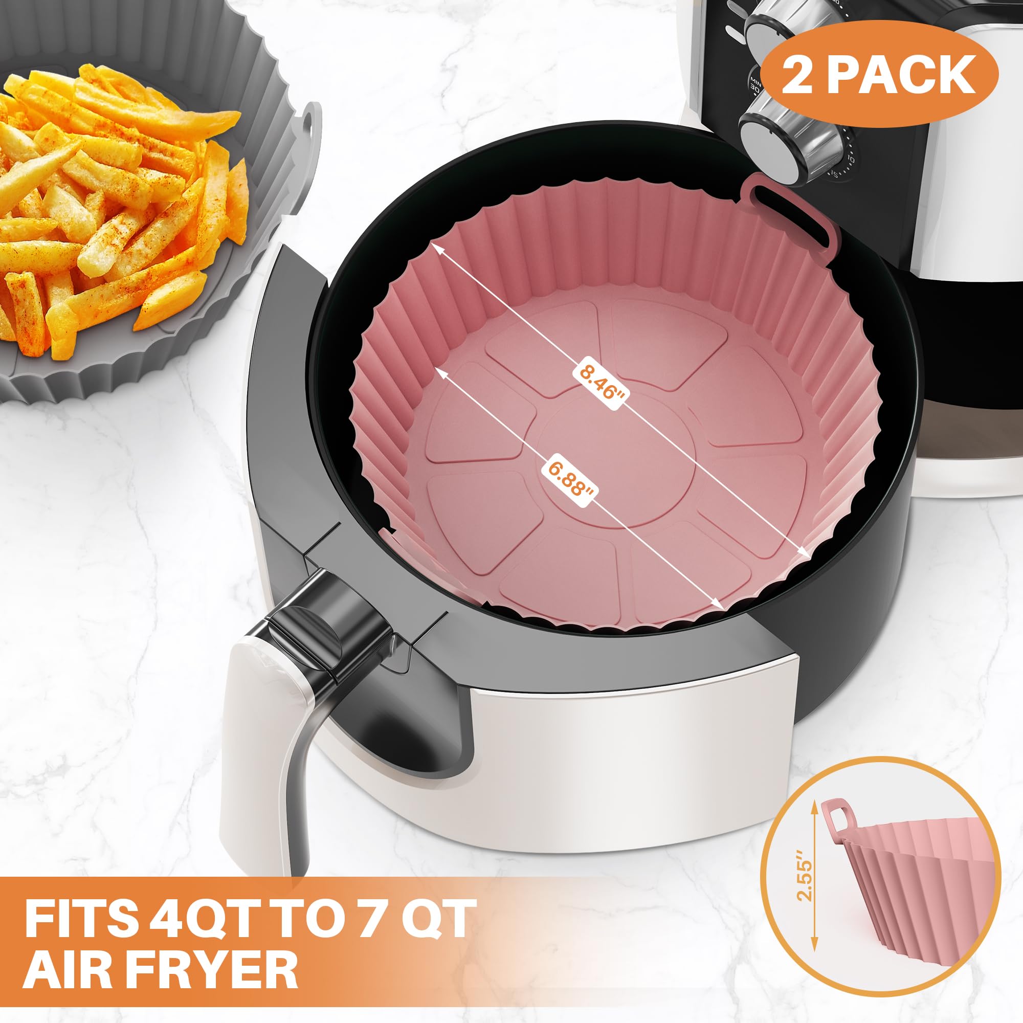 ME.FAN Air Fryer Silicone Liners for 4 to 7 QT [2 Pack] - Reusable Non-Stick Basket with Handles & Vent Holes - Oven Safe Accessories in Rose Pink & Light Grey - Perfect for Roasting, Baking, and Frying Healthy Meals