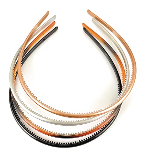 Gold Silver Brown Black 4-Pack Thin Plastic Headbands - Non-Slip Grip Teeth Design for Women & Girls - Perfect for Sports, Workouts, Yoga, and Everyday Styling