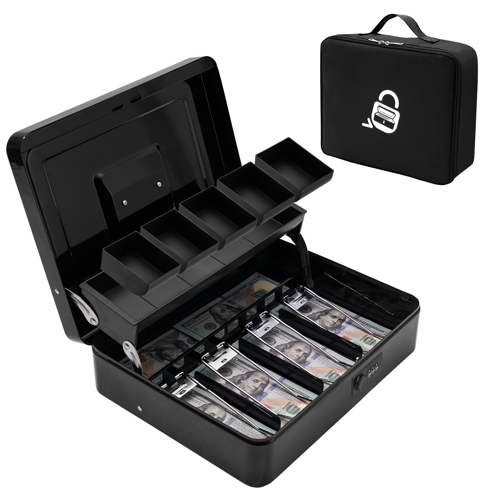 Secure Metal Locking Cash Box with Key & Carry Bag - 4 Bill & 5 Coin Slots, Cantilever Design, Durable Money Safe for Home, Office, or Retail Use - Black Money Saving Organizer