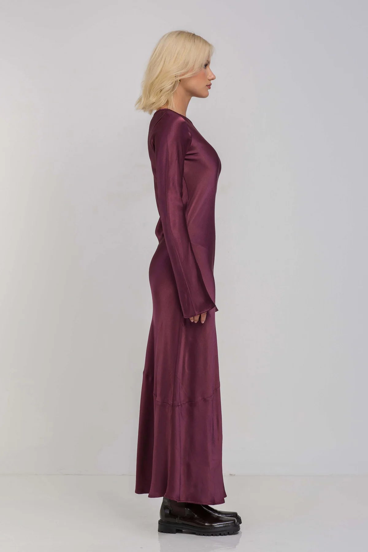 Elegant Purple Long Sleeve Satin Maxi Dress with Sparkle Details | Women's Evening Gown for Parties, Weddings & Special Occasions