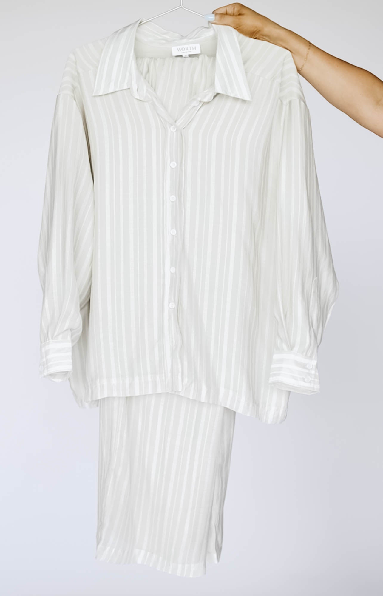 Sloane Striped Nursing-Friendly Button Down Shirt & Pants Set in Natural - Comfortable Maternity Outfit for Breastfeeding Moms