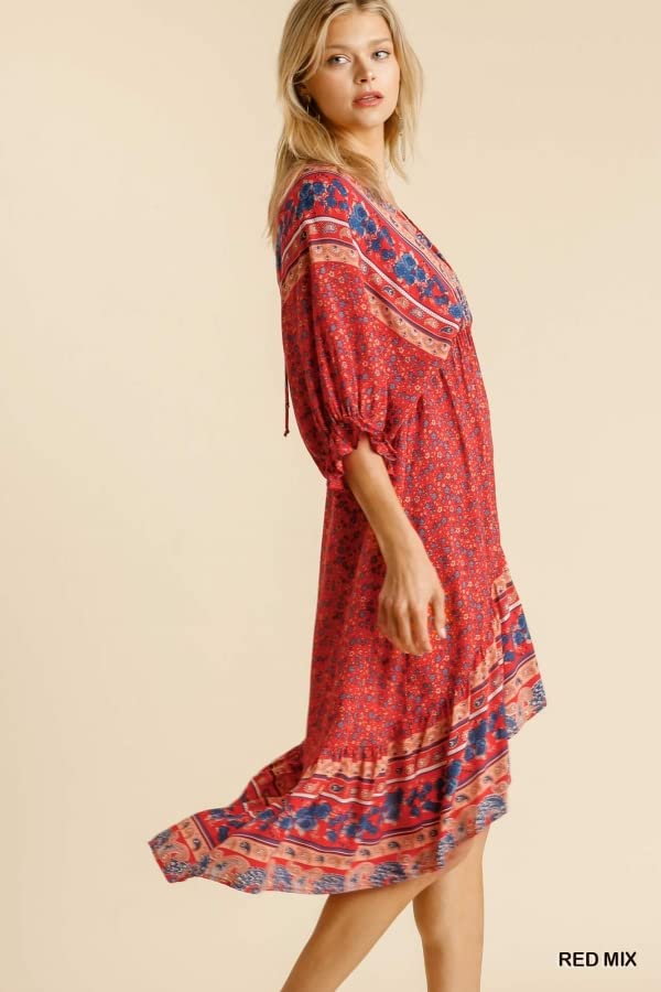 Umgee Women's Mixed Print High Low Midi Dress - Red Floral Summer Dress for Casual Wear, Beach Vacation & Date Night Outfits