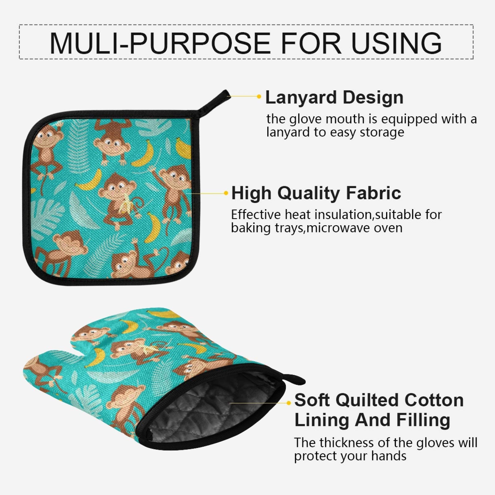 Heat Resistant Non-Slip Monkey Palm Tree Oven Mitts & Pot Holders Set of 2 - Kitchen Gloves for Cooking, Baking, BBQ & Grilling - Perfect for Holiday Baking, Outdoor Picnics & Home Kitchen Use