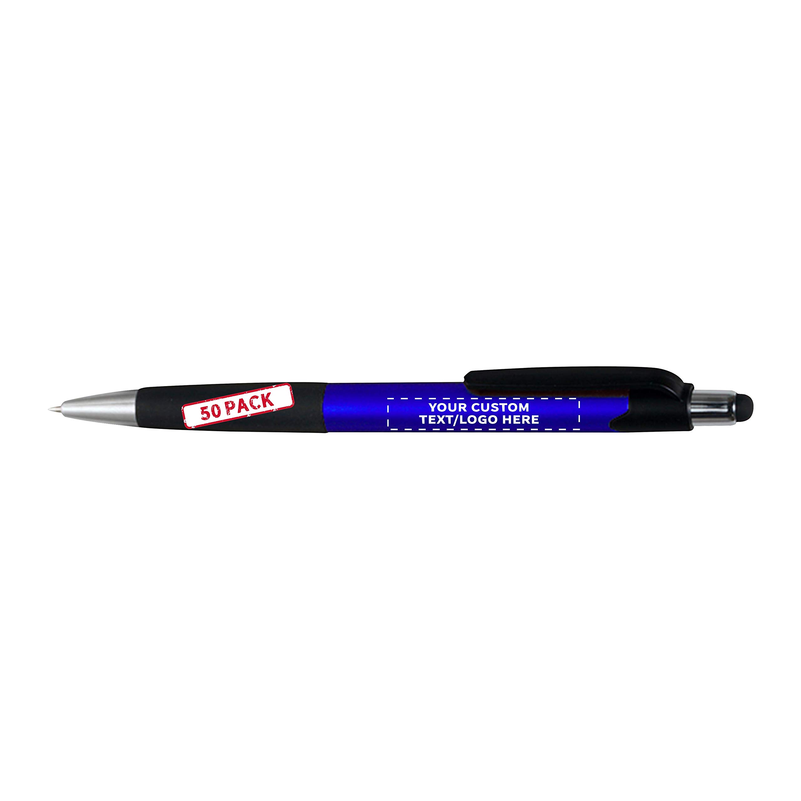 50 Pack Touch Screen Stylus Pens - Customizable Text & Logo - Metallic Blue Plastic Pens for Office, School & Digital Note Taking
