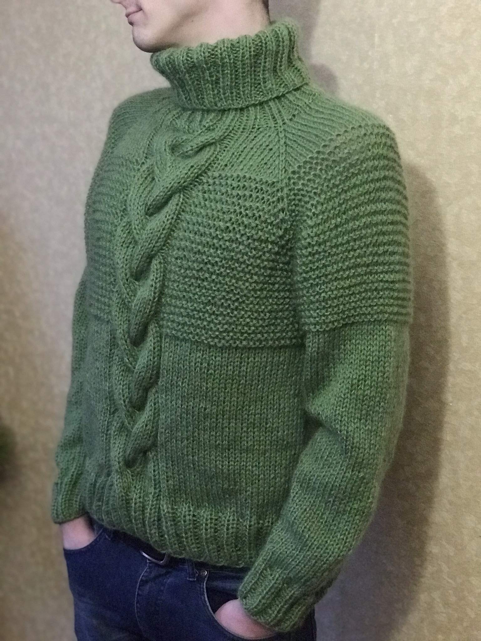 Men's Handmade Chunky Knit Mohair Sweater - Light Green Turtleneck Pullover Hoodie for Winter | Warm High Collar Wool Jumper for Casual Wear & Outdoor Activities