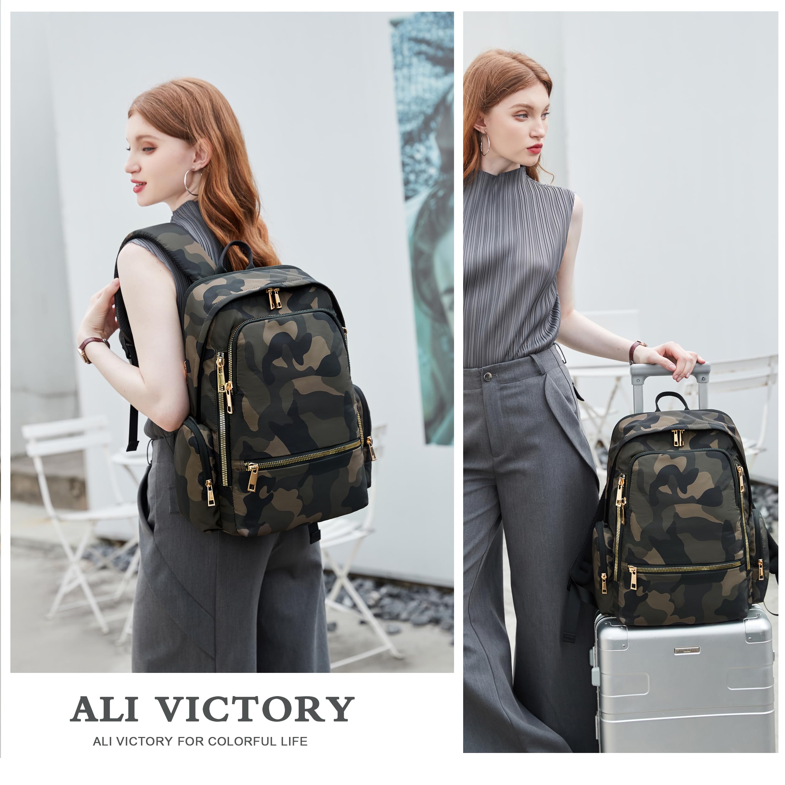 AO ALI VICTORY Anti-Theft Laptop Backpack for Women & Men - 15.6 Inch Travel Backpack with USB Charging Port, Water-Resistant College Bookbag for Work, Business, Commuting & Casual Use - Perfect for Office, School & Daily Travel (Camo Green)