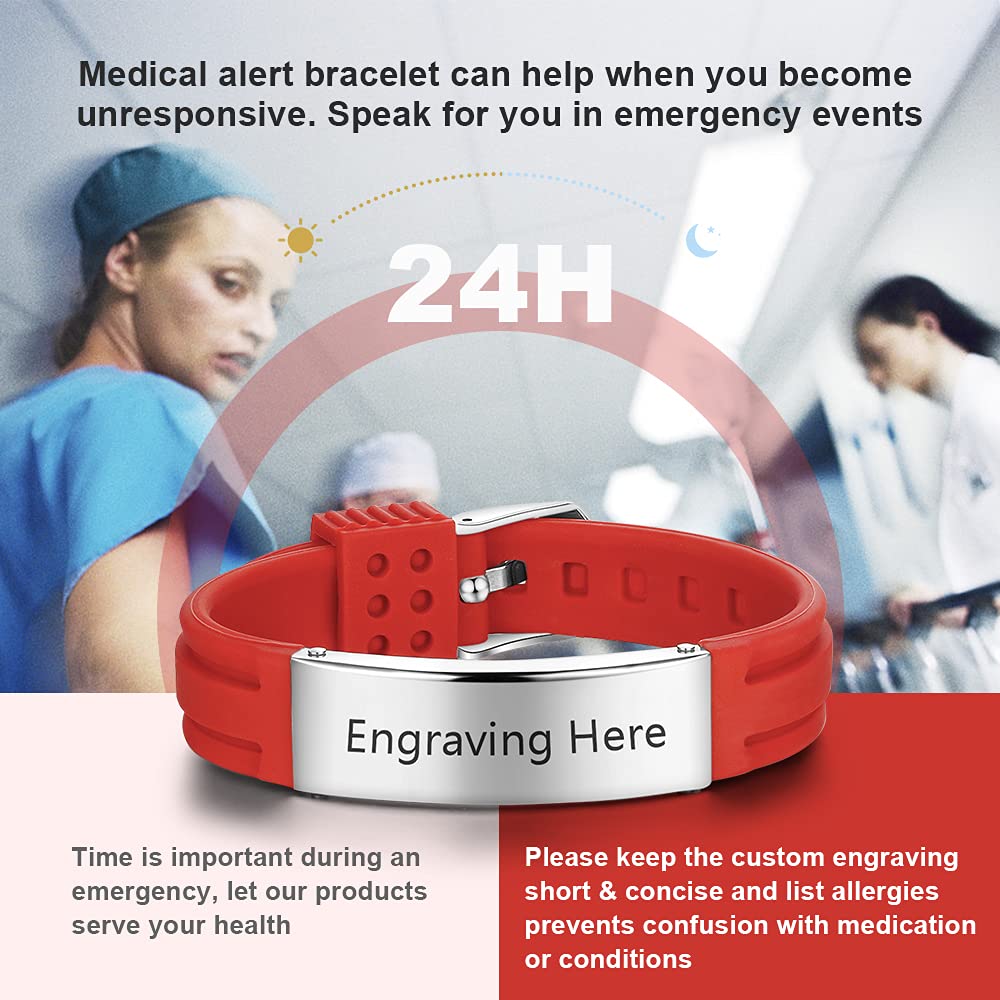 Personalized Silicone Medical Alert ID Bracelet - Adjustable Waterproof Emergency Bracelet for Men & Women - 9 Inches Engraved Sport Safety Wristband - Perfect for Running, Hiking, Cycling & Outdoor Activities