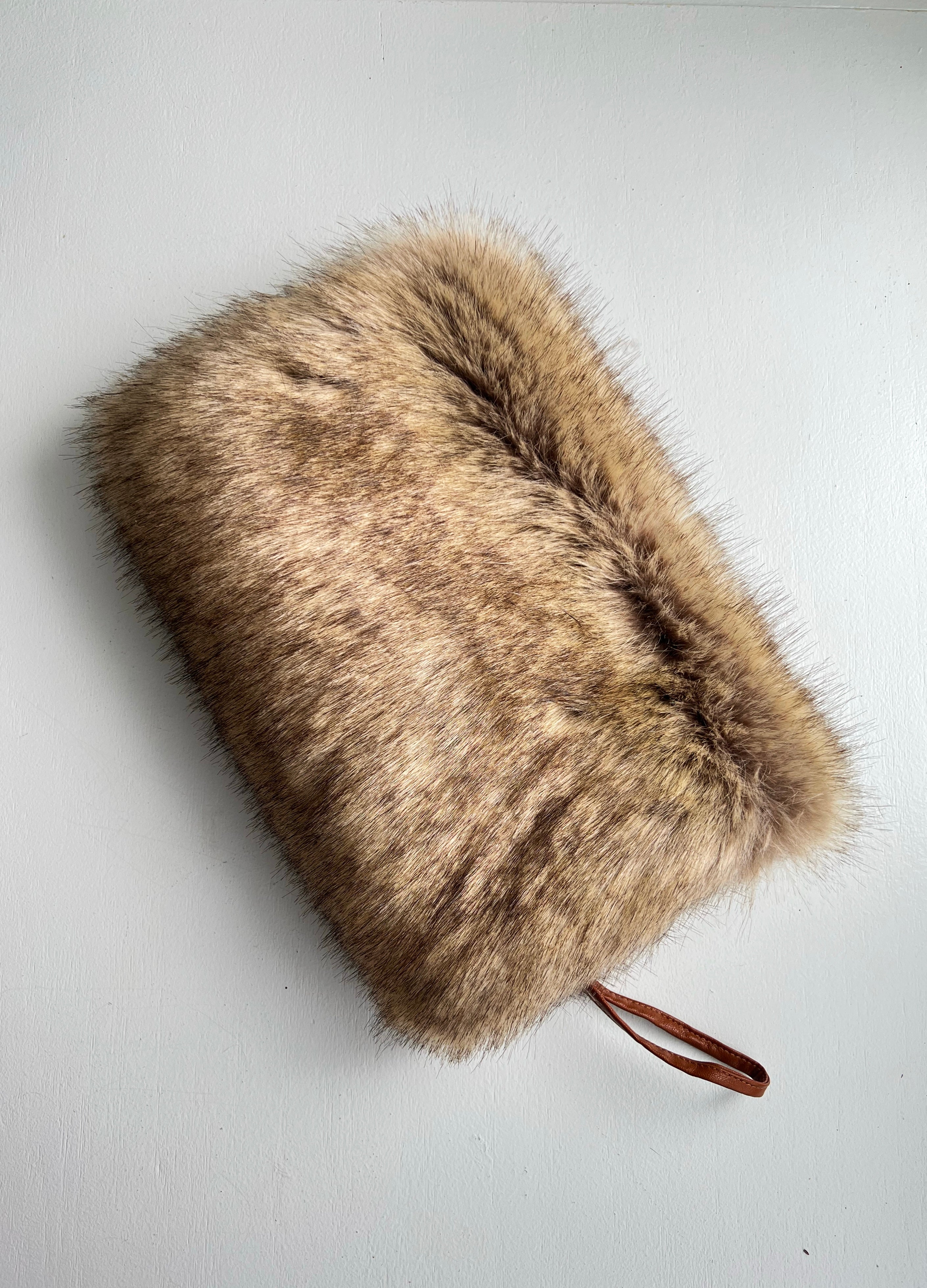 Luxury Brown Faux Fur Hand Muff with Phone Pocket & Detachable Strap - Winter Fashion Accessory for Women, Outdoor Activities & Cold Weather Protection