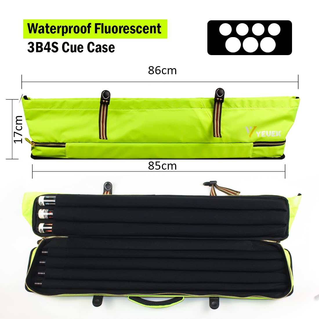 Premium Fluorescent Pool Cue Hard Case - Holds 3 Cue Butts & 4 Shafts with Large Zippered Accessory Pockets & Adjustable Shoulder Strap | Durable Protection for Billiards, Pool Halls, Tournaments & Travel