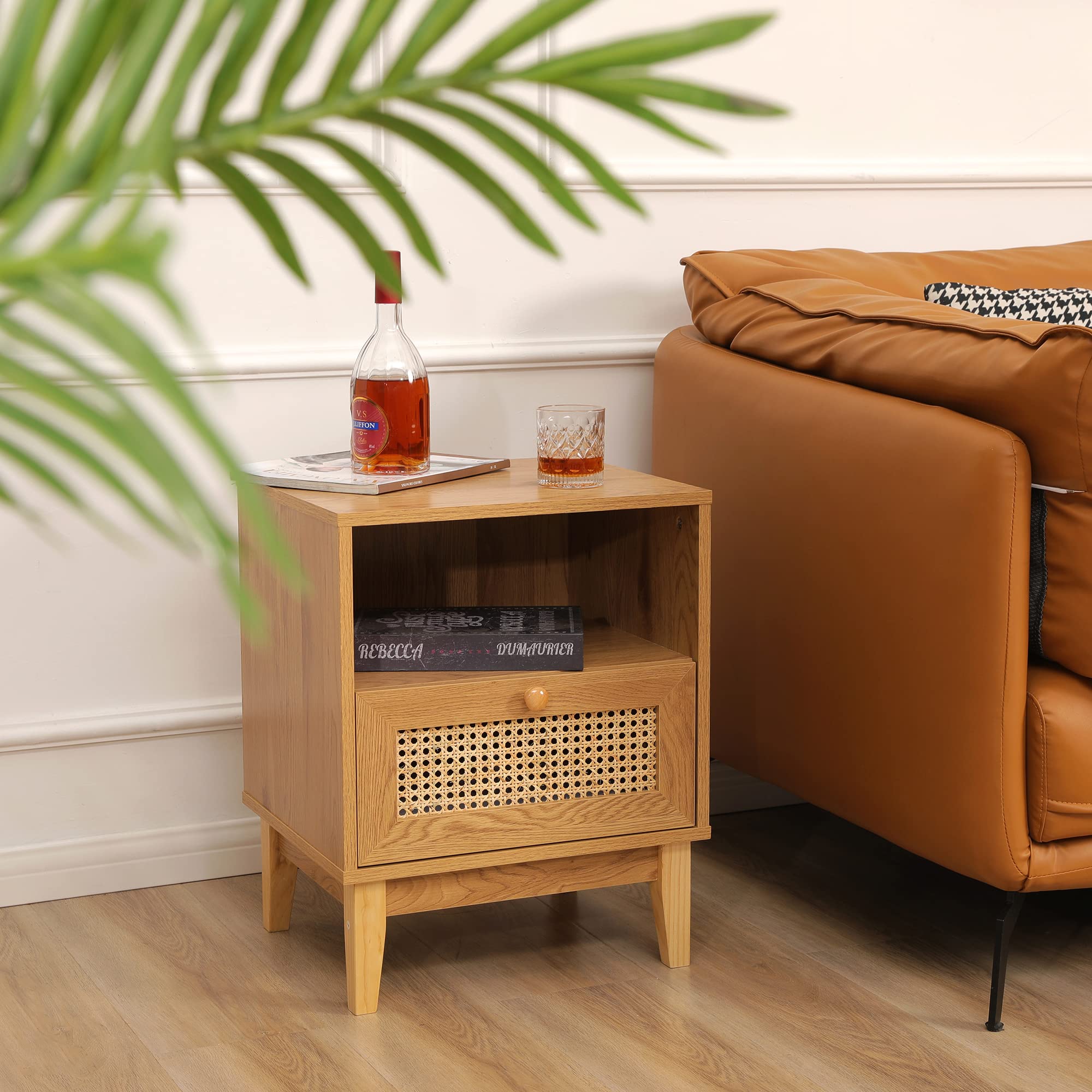 Rattan Nightstand Set of 2 - Boho Bedside Tables with Open Shelf & Drawers for Bedroom Decor - Perfect for Small Spaces, Guest Rooms, and Modern Farmhouse Style